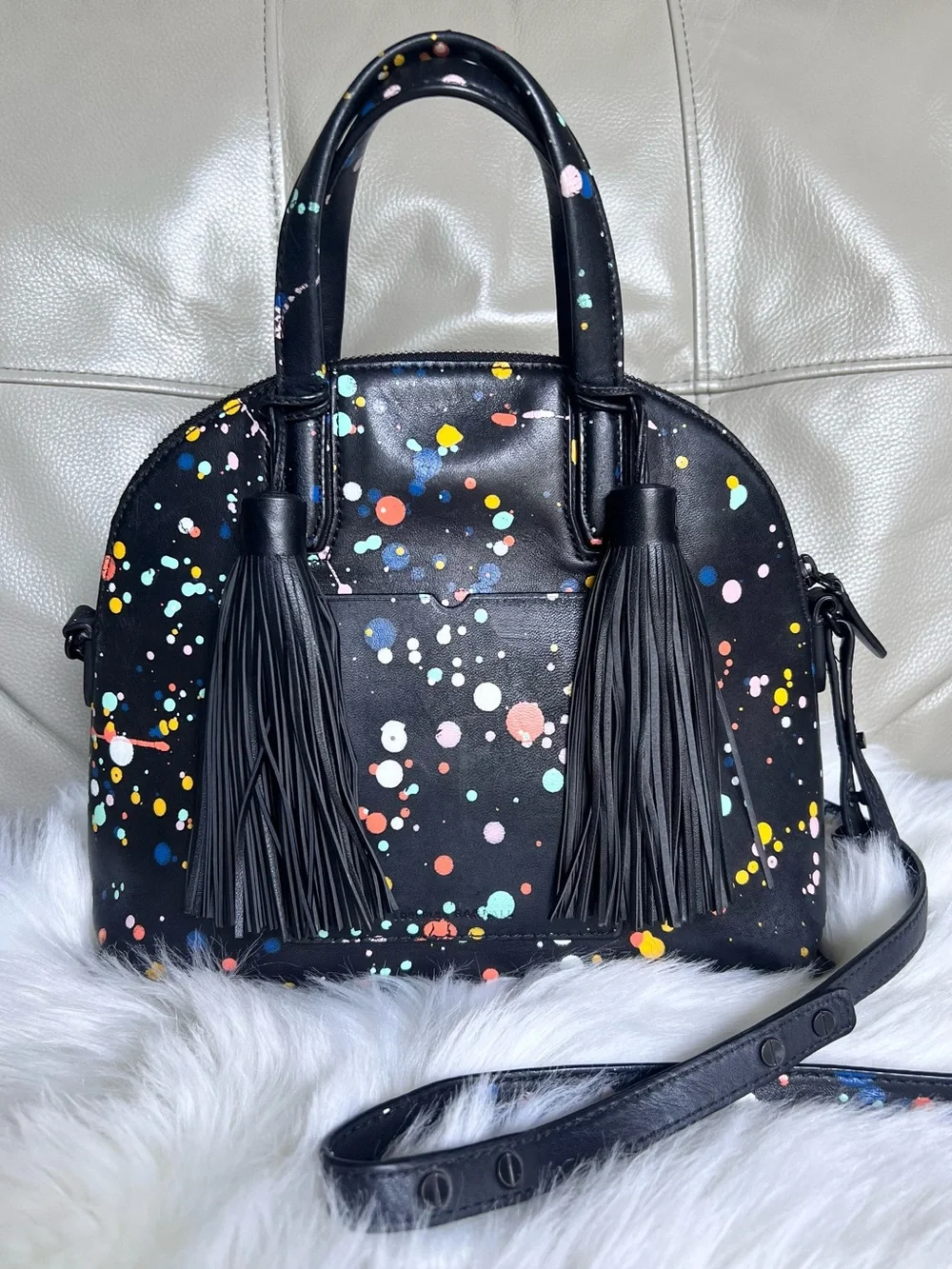 Loeffler Randall Dome Splatter Paint Leather Satchel Black With Tassels Chic